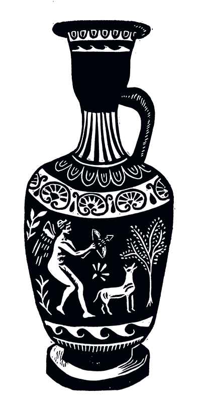 A relief print of a neoclassical amphora featuring Artemis.