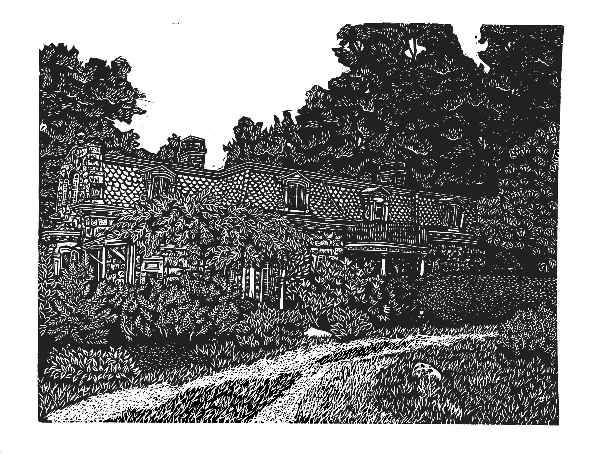 An image of a block print of a family home in Austin Texas