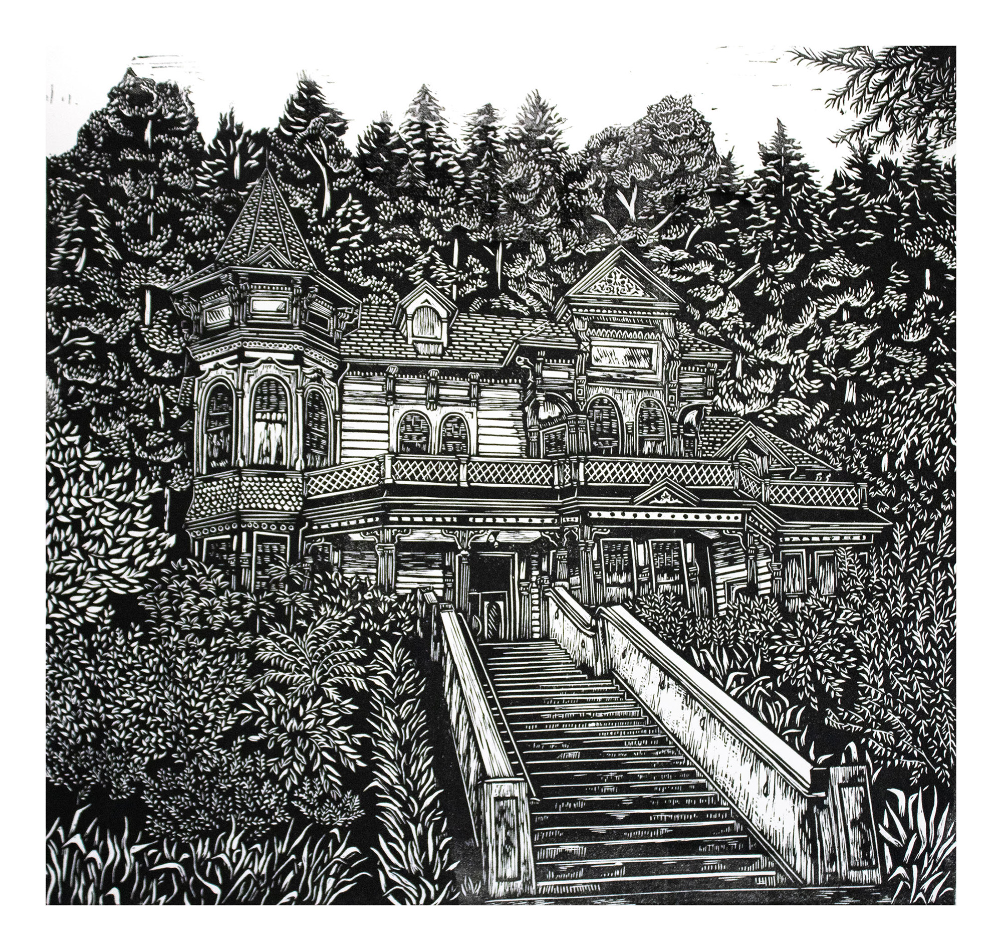 An image of a block print of a historic home in Eugene Oregon