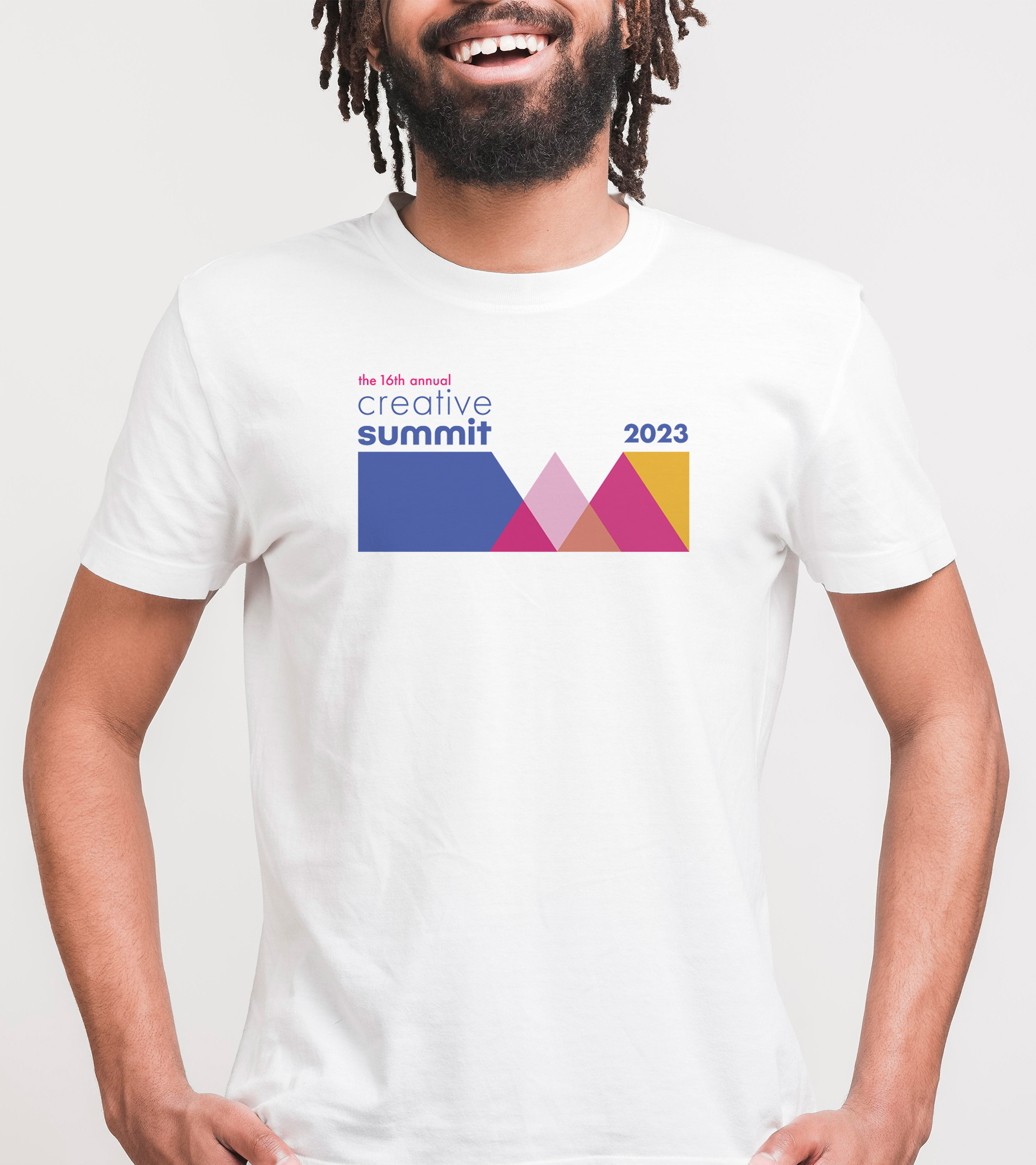 An image of a Tshirt mockup featuring an event logo that says the 16th annual creative summit.