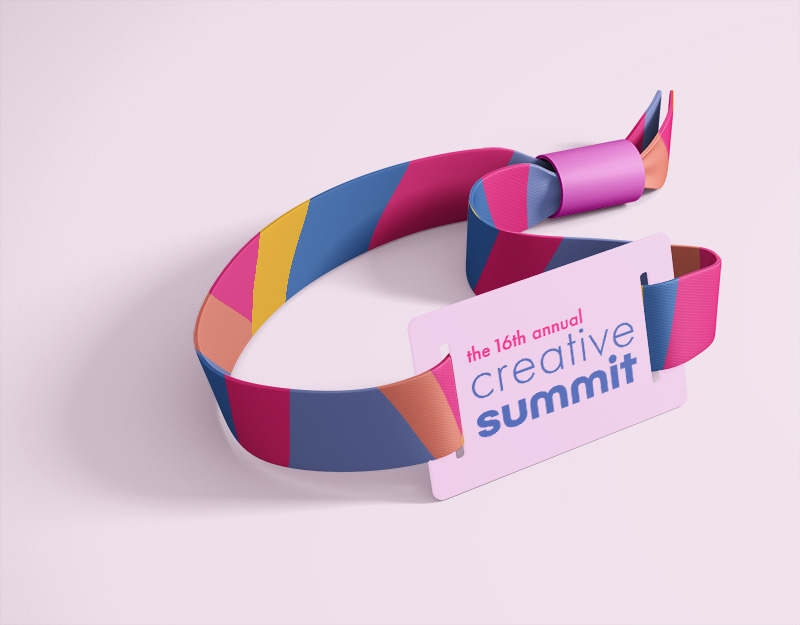 an image of a wristband mockup featuring creative summit logo and colors.