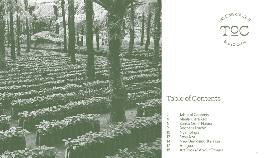 an image of the table of contents for the omerta club catalogue.
